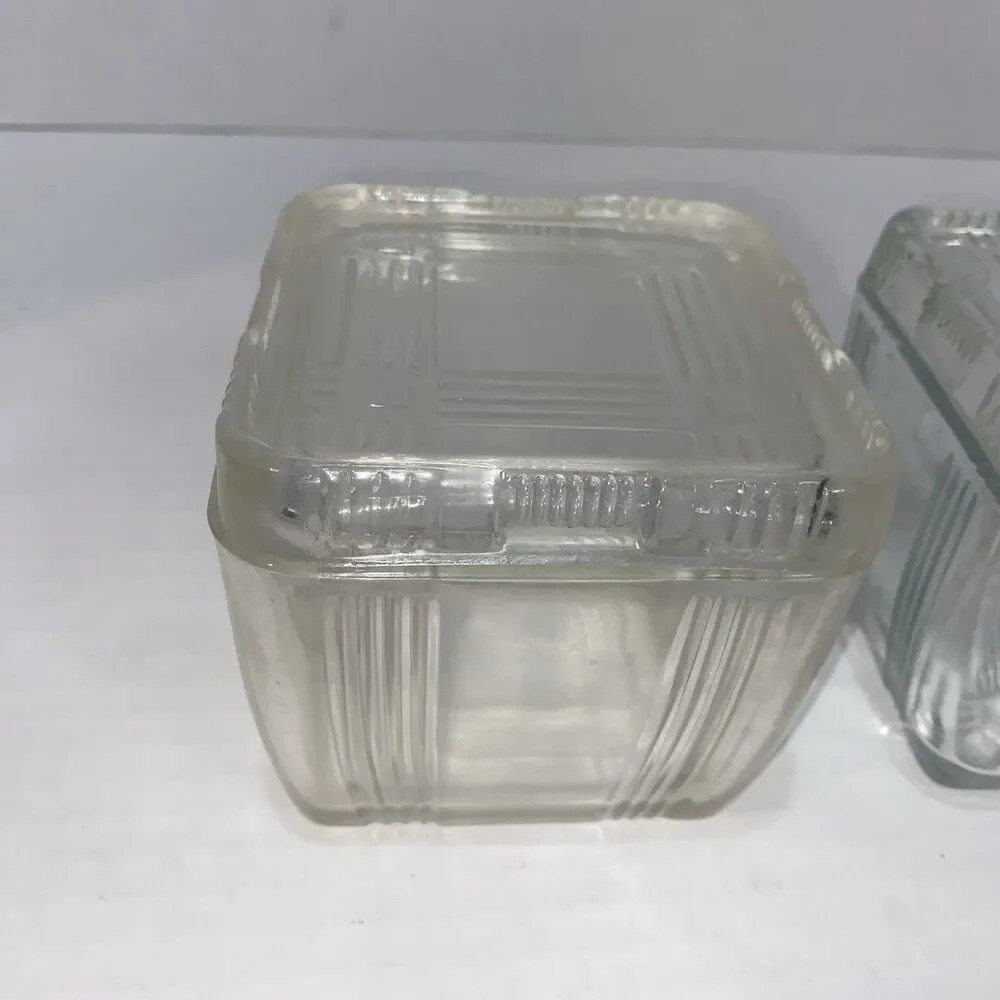 2-VTG Hazel Atlas Crisscross Clear Glass Square Refrigerator Dishes W/Lids 1930s